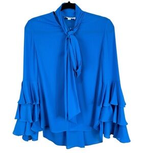 Prabal Gurung Blue Sheer Chiffon Tie Neck Bell Sleeve Blouse Size 4